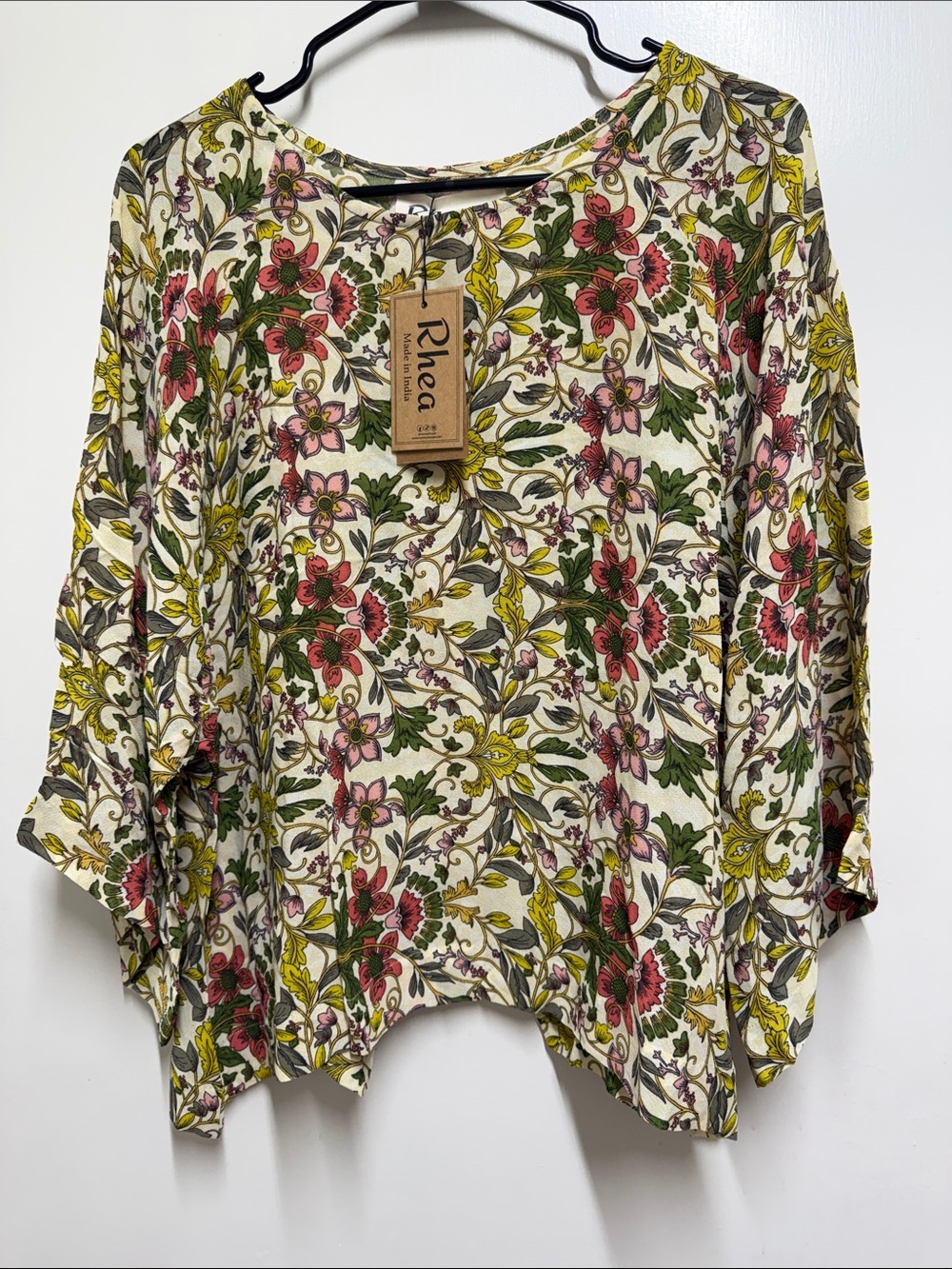 Floral Scoop Neck Tunic in Cream, Green & Pink